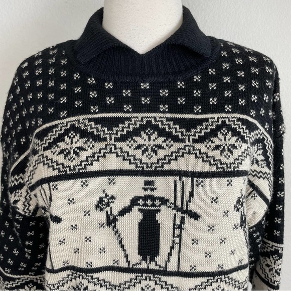 Nils Black Tan Skier Print Ski Sweater Vintage Large - Picture 2 of 7